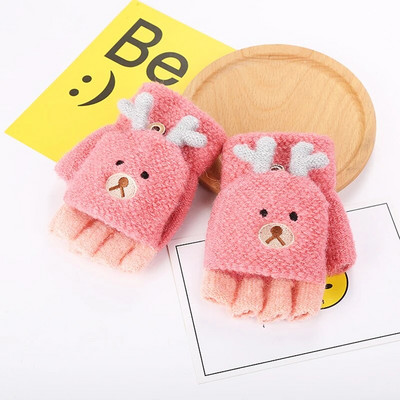 Зимни коледни детски топли ръкавици Начално училище Кашмирени плетени флип ръкавици с половин пръст Ръкавици с анимационен лос, ръкавици за момчета и момичета