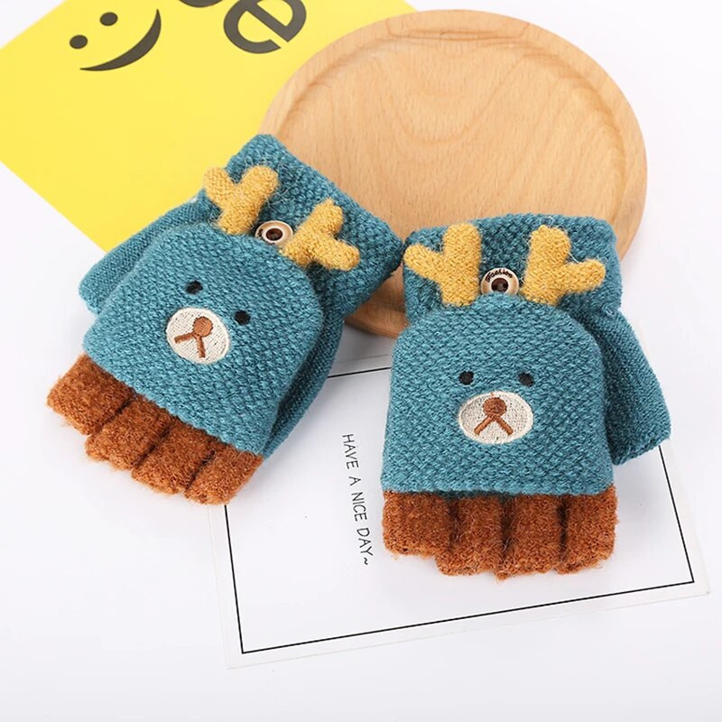 Зимни коледни детски топли ръкавици Начално училище Кашмирени плетени флип ръкавици с половин пръст Ръкавици с анимационен лос, ръкавици за момчета и момичета