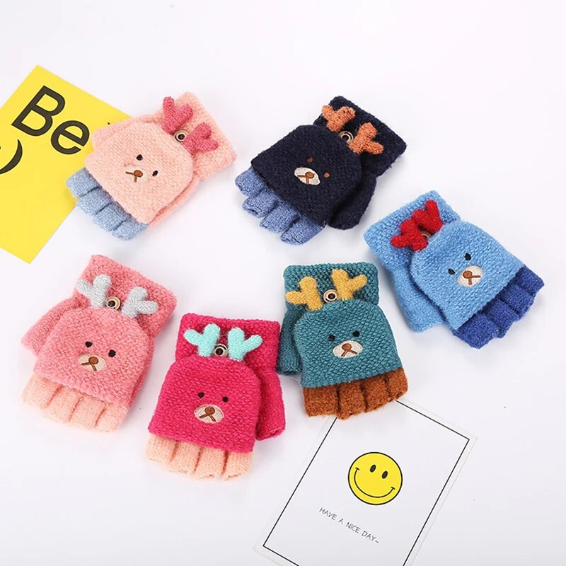 Зимни коледни детски топли ръкавици Начално училище Кашмирени плетени флип ръкавици с половин пръст Ръкавици с анимационен лос, ръкавици за момчета и момичета