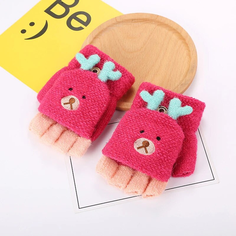 Зимни коледни детски топли ръкавици Начално училище Кашмирени плетени флип ръкавици с половин пръст Ръкавици с анимационен лос, ръкавици за момчета и момичета