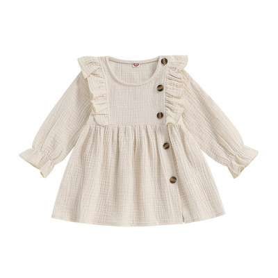 BeQeuewll Baby Girl Есен Нов стил Сладка рокля с дълъг ръкав Дантелена рокля с кръгло деколте и копчета Плътна рокля с A-силует за всеки ден