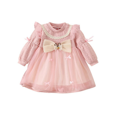 BeQeuewll Есенна ежедневна рокля с A-силует за момичета за есента Рокля от пачуърк от тюл с дълги ръкави и кръгло деколте с волани и декорация на панделка