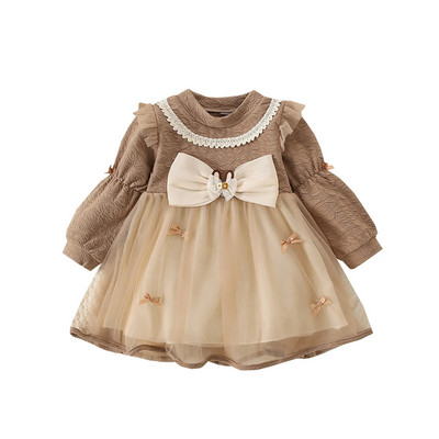 BeQeuewll Есенна ежедневна рокля с A-силует за момичета за есента Рокля от пачуърк от тюл с дълги ръкави и кръгло деколте с волани и декорация на панделка