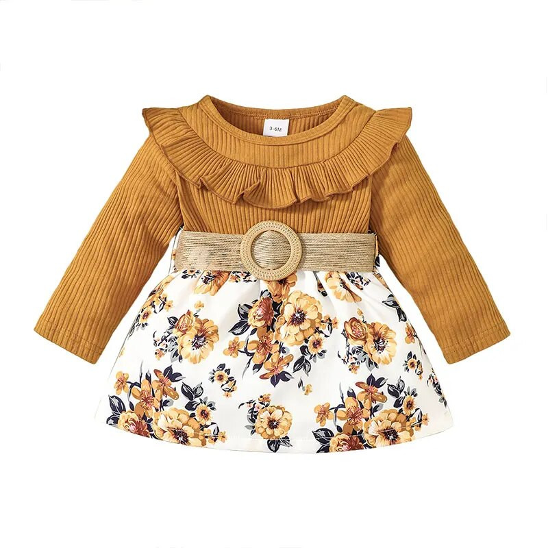 BeQeuewll Есенна рокля за бебешки момичета с волани с принт на цветя Рокля с дълъг ръкав Есенна модна ежедневна рокля на принцеса с колан