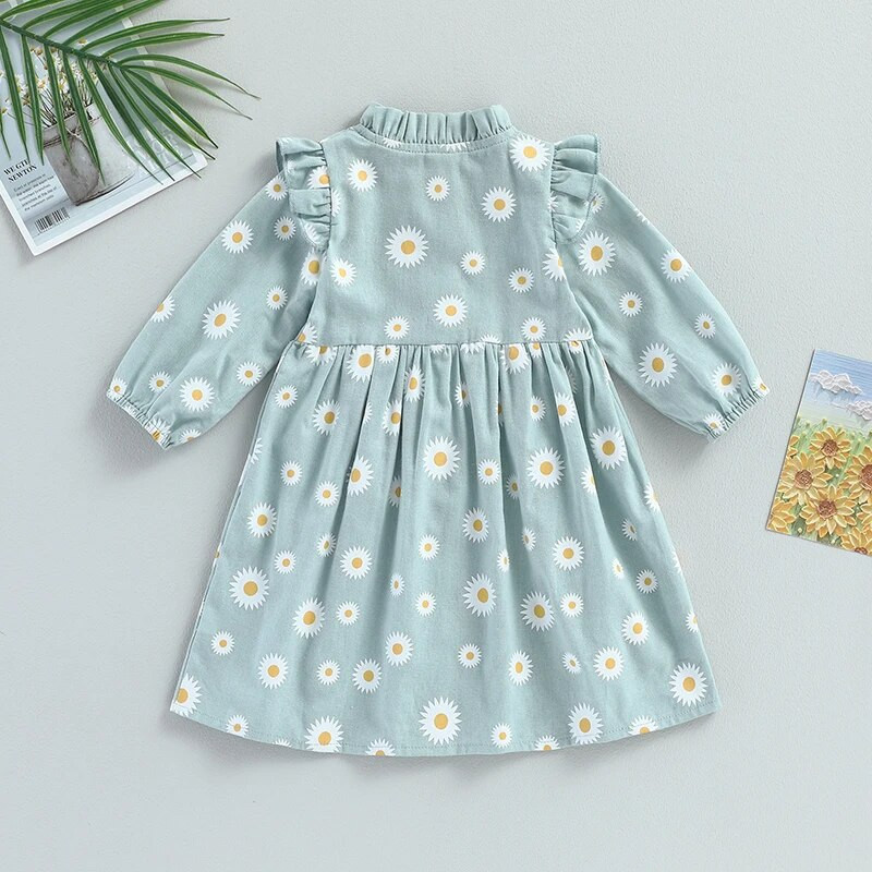 BeQeuewll Ежедневна рокля за деца, момичета, с дълги ръкави, рокля с ръкави в листа на лотос, есенна пролетна рокля с копчета и принт на цветя