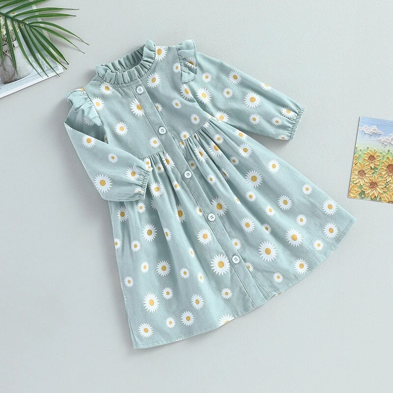 BeQeuewll Ежедневна рокля за деца, момичета, с дълги ръкави, рокля с ръкави в листа на лотос, есенна пролетна рокля с копчета и принт на цветя