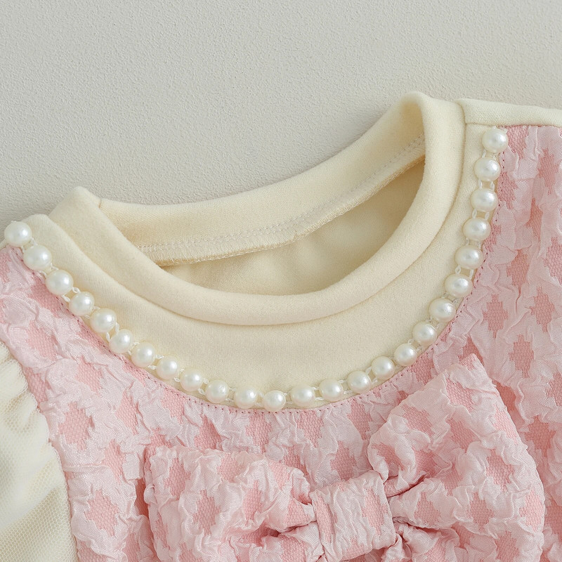 BeQeuewll Рокля за момиченце с кругло деколте Перли и панделка Пачуърк Цветна марля A-line рокля за ежедневно парти Елегантна рокля на принцеса