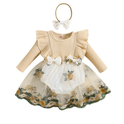 BeQeuewll Бебешки комплекти от 2 части, гащеризон с дълги ръкави и сладка лента за глава за малки деца Есенни дрехи