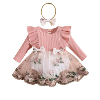 BeQeuewll Бебешки комплекти от 2 части, гащеризон с дълги ръкави и сладка лента за глава за малки деца Есенни дрехи