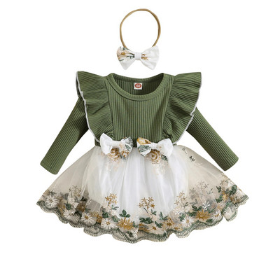 BeQeuewll Бебешки комплекти от 2 части, гащеризон с дълги ръкави и сладка лента за глава за малки деца Есенни дрехи