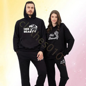 Комплект качулка за двойка Beauty Beast Print Анцуг Мъжки суичър и спортен панталон 2 бр. Спортно облекло Ежедневно облекло Дамски костюм