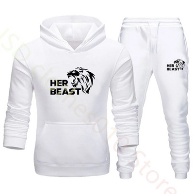 Комплект качулка за двойка Beauty Beast Print Анцуг Мъжки суичър и спортен панталон 2 бр. Спортно облекло Ежедневно облекло Дамски костюм