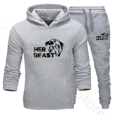 Комплект качулка за двойка Beauty Beast Print Анцуг Мъжки суичър и спортен панталон 2 бр. Спортно облекло Ежедневно облекло Дамски костюм