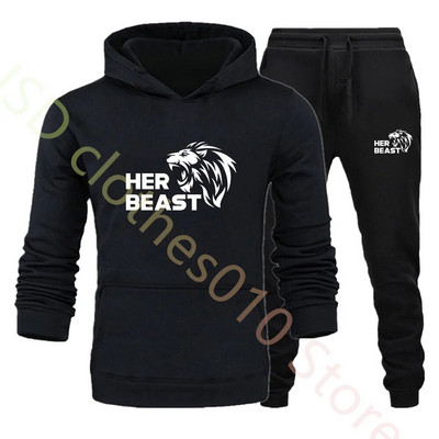 Комплект качулка за двойка Beauty Beast Print Анцуг Мъжки суичър и спортен панталон 2 бр. Спортно облекло Ежедневно облекло Дамски костюм