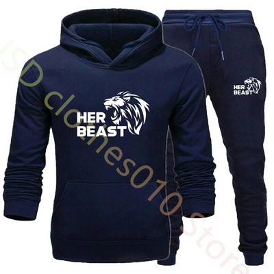 Комплект качулка за двойка Beauty Beast Print Анцуг Мъжки суичър и спортен панталон 2 бр. Спортно облекло Ежедневно облекло Дамски костюм