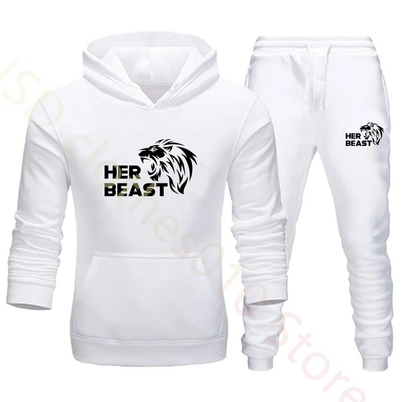 Комплект качулка за двойка Beauty Beast Print Анцуг Мъжки суичър и спортен панталон 2 бр. Спортно облекло Ежедневно облекло Дамски костюм