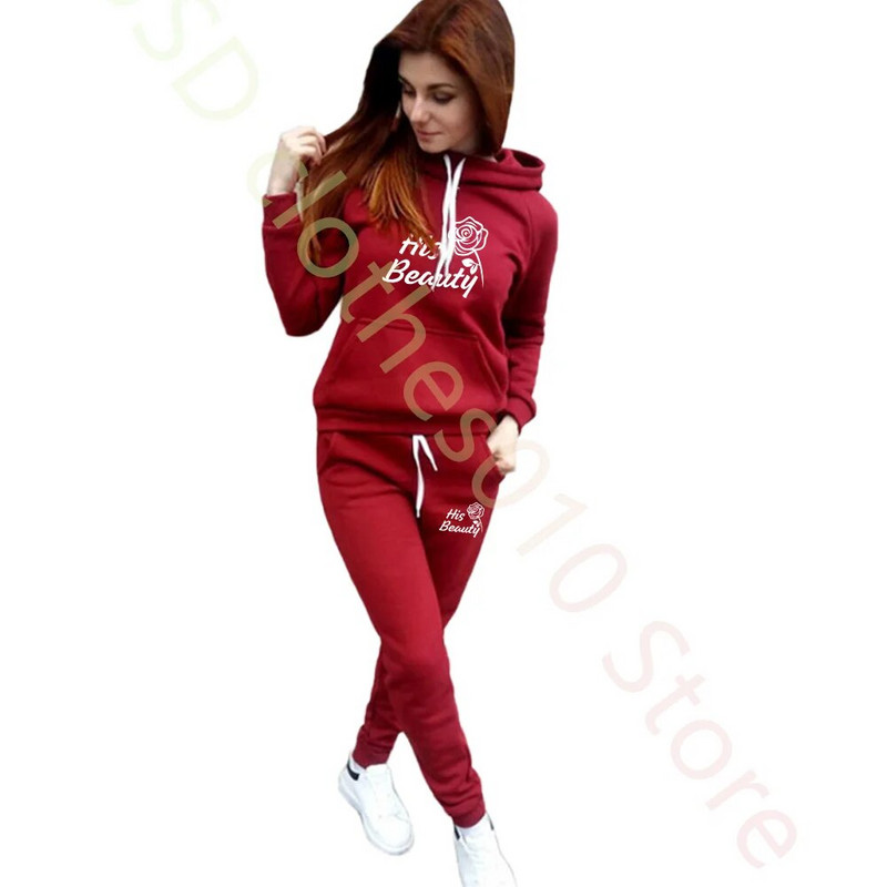 Комплект качулка за двойка Beauty Beast Print Анцуг Мъжки суичър и спортен панталон 2 бр. Спортно облекло Ежедневно облекло Дамски костюм