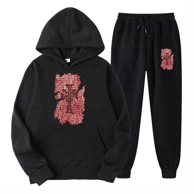 Мъжки суитшърт Faith Cross Print Комплекти спортни панталони Топли улични пуловери Качулки Спортни панталони Костюми Есен Зима Мъжки анцуг