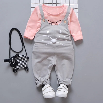 Tavaszi és őszi 2db Lányok Kisfiú Ruhák Rajzfilm hosszú ujjú felsők Póló Kantáros Farmer Overall nadrág ruhák Szett Jelmez 1-5Y