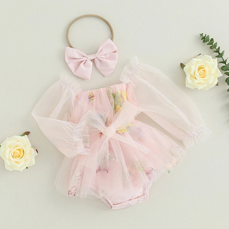 BeQeuewll Бебешки тоалети от 2 части, флорални дълги ръкави, мрежеста рокля от тюл и сладка лента за глава за малки деца, есен