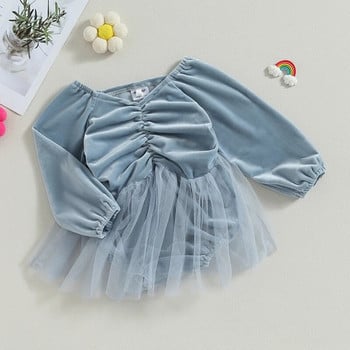 BeQeuewll Baby Girls Romper Dress Едноцветни кадифени мрежести гащеризони с дълъг ръкав за новородени бебета Малки деца Сладки дрехи