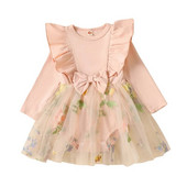 BeQeuewll Baby Girls Ruha Hosszú ujjú Flow masni Hímzés Virág Tüll Patchwork Body Ruhák Édes Princess Ruha