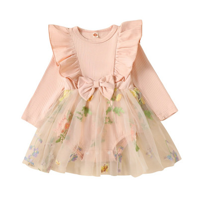 BeQeuewll Baby Girls Ruha Hosszú ujjú Flow masni Hímzés Virág Tüll Patchwork Body Ruhák Édes Princess Ruha