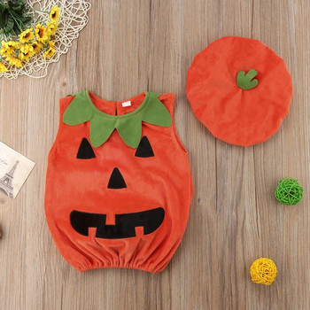 0-3Y New Cosplay Хелоуин Прохождащо Бебе Kid Pumpkin Print Sleeveless Romper Гащеризони Топове+Шапки Бебешки дрехи 2PCS Костюми