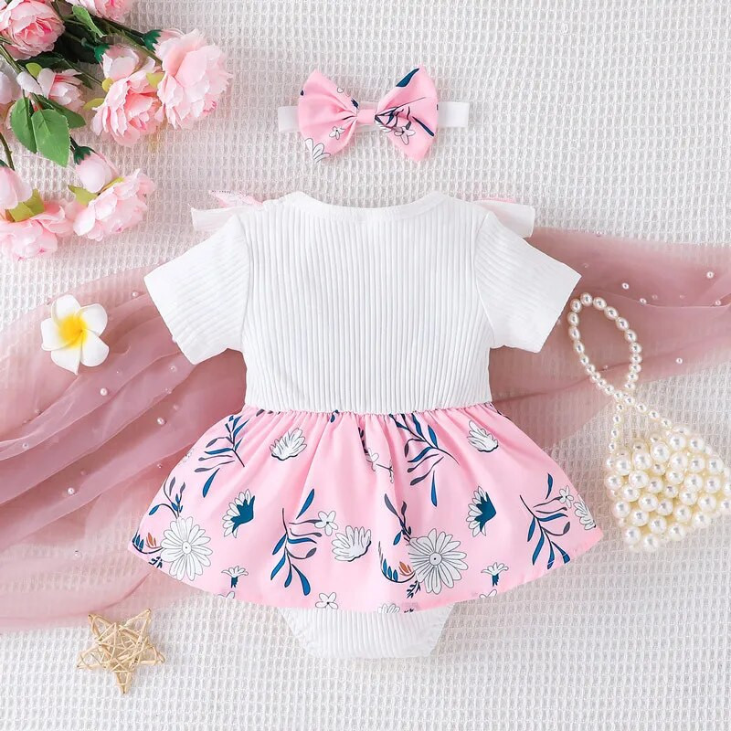 2023 г. Рокля за бебета и малки деца с къс ръкав, момиче, бебешка рокля със сладък принт + комплект панделка за глава