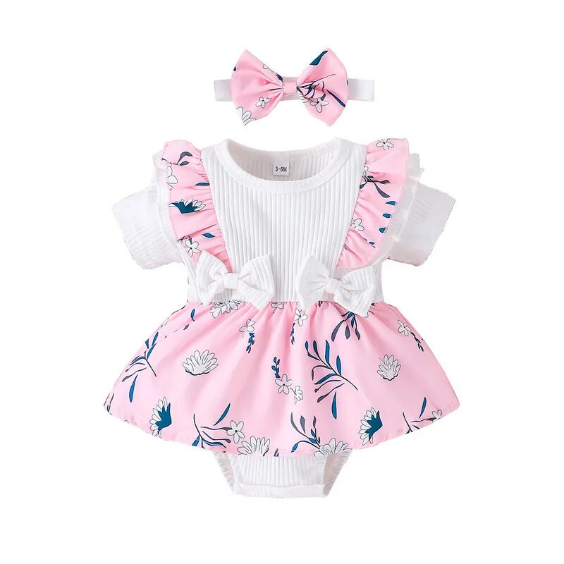 2023 г. Рокля за бебета и малки деца с къс ръкав, момиче, бебешка рокля със сладък принт + комплект панделка за глава