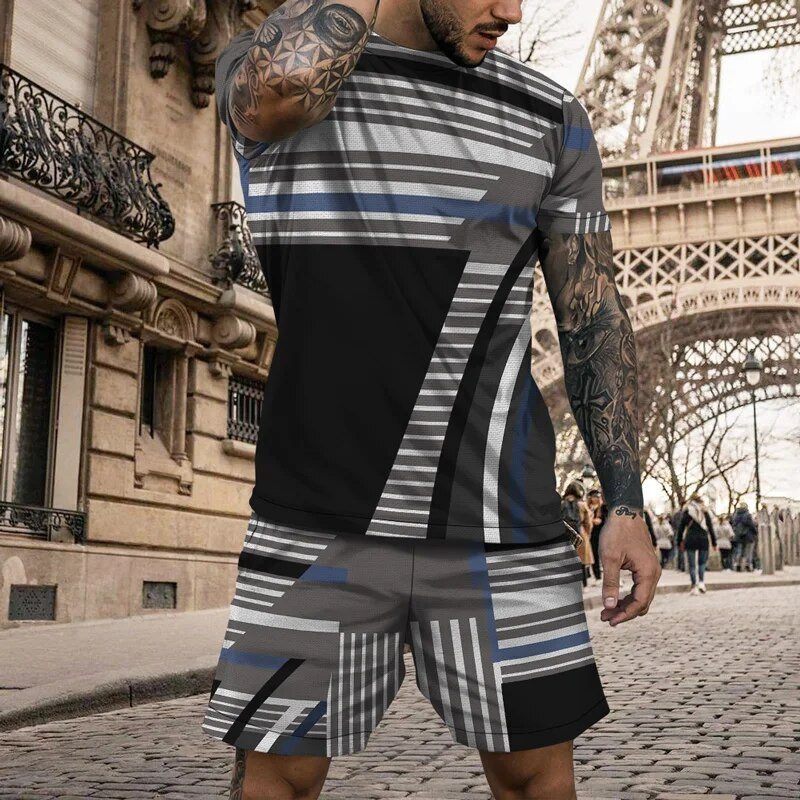Мъжки плат Мъжки тениски с къси ръкави Комплект къси панталони 3D печатни мъжки къси екипи Спортен комплект от 2 части за мъже Лятна обстановка