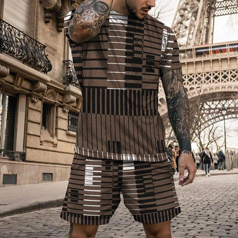 Мъжки плат Мъжки тениски с къси ръкави Комплект къси панталони 3D печатни мъжки къси екипи Спортен комплект от 2 части за мъже Лятна обстановка