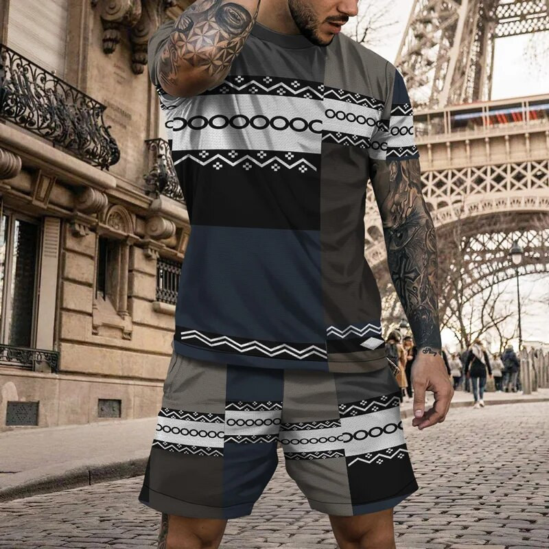 Мъжки плат Мъжки тениски с къси ръкави Комплект къси панталони 3D печатни мъжки къси екипи Спортен комплект от 2 части за мъже Лятна обстановка