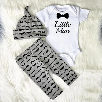 3 τμχ Σετ ρούχων για νεογέννητο αγοράκι Print Letter Little Man Cotton Romper+Pants+Hats Baby Jumpsuit Σετ 0-18M