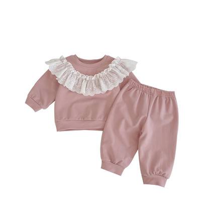 2023 Костюм за бебе момиче Едноцветен пуловер Панталони Комплект от две части от чужда дантела С кръгло деколте Бебешки костюм за външни дрехи