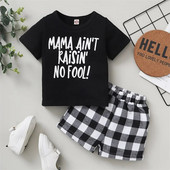Baby Letter rövid ujjú felső+rövid öltöny Baba alkalmi póló Kockás nadrág kétrészes szett