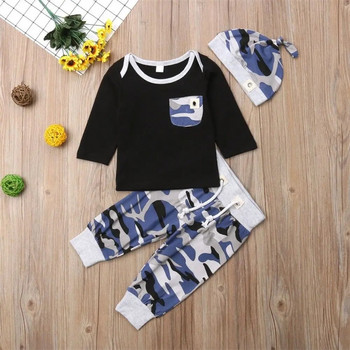 Pudcoco Autumn New Casual 3pcs Baby Boy Clothes Set Newborn Infant Boys Camouflage Top Long Панталони Hat Outfits