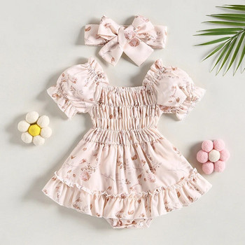 ma&Baby 0-24M Summer Baby Girl Romper Νεογέννητο μωρό μωρό με λουλουδάτο τύπωμα βολάν Ολόσωμη φόρμα Playsuit Sunsuit Headband Outfits