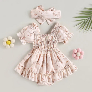 ma&Baby 0-24M Summer Baby Girl Romper Νεογέννητο μωρό μωρό με λουλουδάτο τύπωμα βολάν Ολόσωμη φόρμα Playsuit Sunsuit Headband Outfits