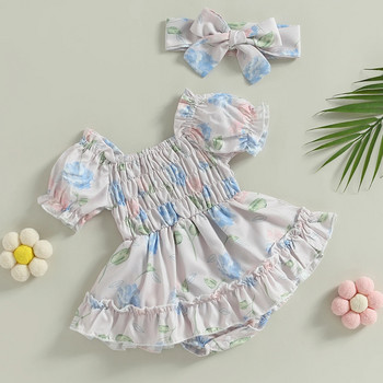 ma&Baby 0-24M Summer Baby Girl Romper Νεογέννητο μωρό μωρό με λουλουδάτο τύπωμα βολάν Ολόσωμη φόρμα Playsuit Sunsuit Headband Outfits