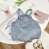 Пролет и есен Новородено бебе Сладко момиче Пътуващ гащеризон Панталони с тиранти Деним Корейска мода Мек удебелен ежедневен