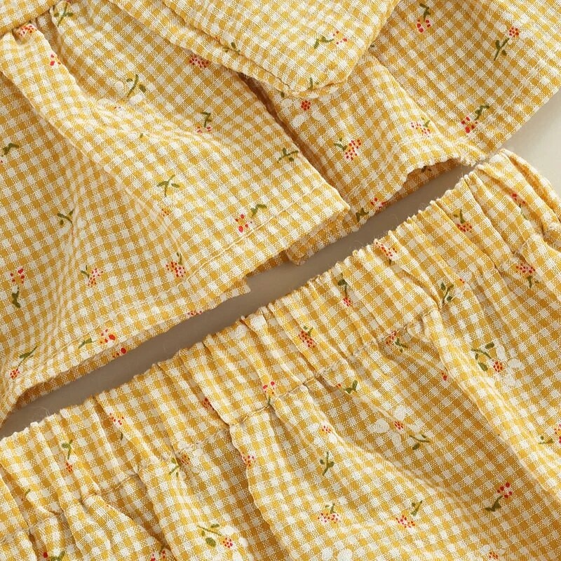 Новородени бебета, момчета, момичета, комплект дрехи от 2 бр., без ръкави, потник с цветно каре и къси панталонки с ластик на талията, детски памучни дрехи