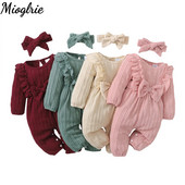 Jauni garās piedurkņu bikses, meiteņu pavasara un rudens kombinezoni jaundzimušajiem, masīvi volāni apģērbi ar galvas saiti.