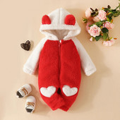 LAPA 0-18M csecsemő téli új aranyos szőrös hosszú ujjú jumpsuit Baby Girls színes blokk Love Print cipzár kapucnis flanel meleg nadrág