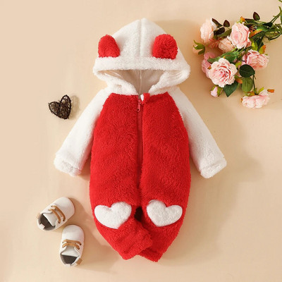 LAPA 0-18M csecsemő téli új aranyos szőrös hosszú ujjú jumpsuit Baby Girls színes blokk Love Print cipzár kapucnis flanel meleg nadrág