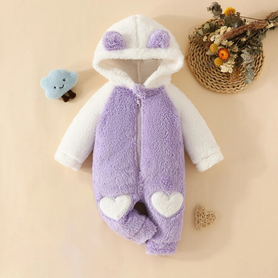 LAPA 0-18M csecsemő téli új aranyos szőrös hosszú ujjú jumpsuit Baby Girls színes blokk Love Print cipzár kapucnis flanel meleg nadrág
