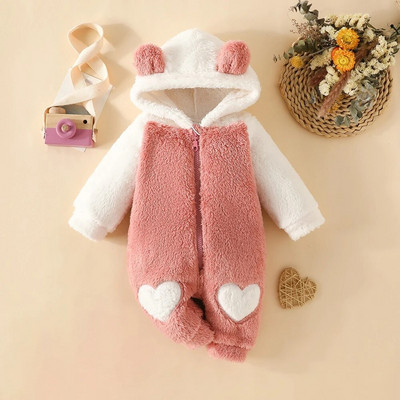 LAPA 0-18M csecsemő téli új aranyos szőrös hosszú ujjú jumpsuit Baby Girls színes blokk Love Print cipzár kapucnis flanel meleg nadrág