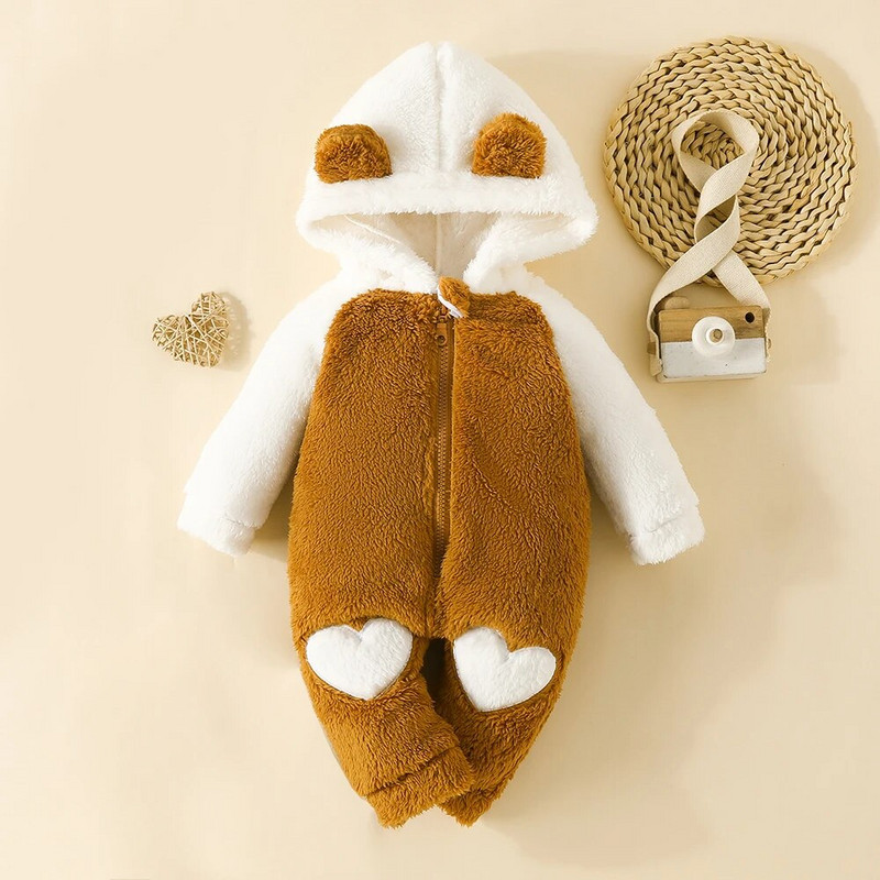 LAPA 0-18M Детски зимен нов сладък космат гащеризон с дълъг ръкав Бебешки момичета Цветен блок с любовен принт с цип и качулка, фланелен топъл гащеризон