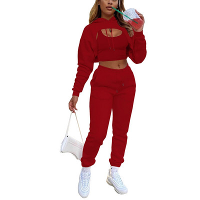 Őszi téli 3 db-os szett női tréningruha Polár hosszú ujjú pulóver Crop Top kapucnis+Tanks+Jogger Pants Solid Outfit Sportruha