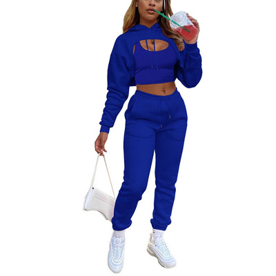 Őszi téli 3 db-os szett női tréningruha Polár hosszú ujjú pulóver Crop Top kapucnis+Tanks+Jogger Pants Solid Outfit Sportruha